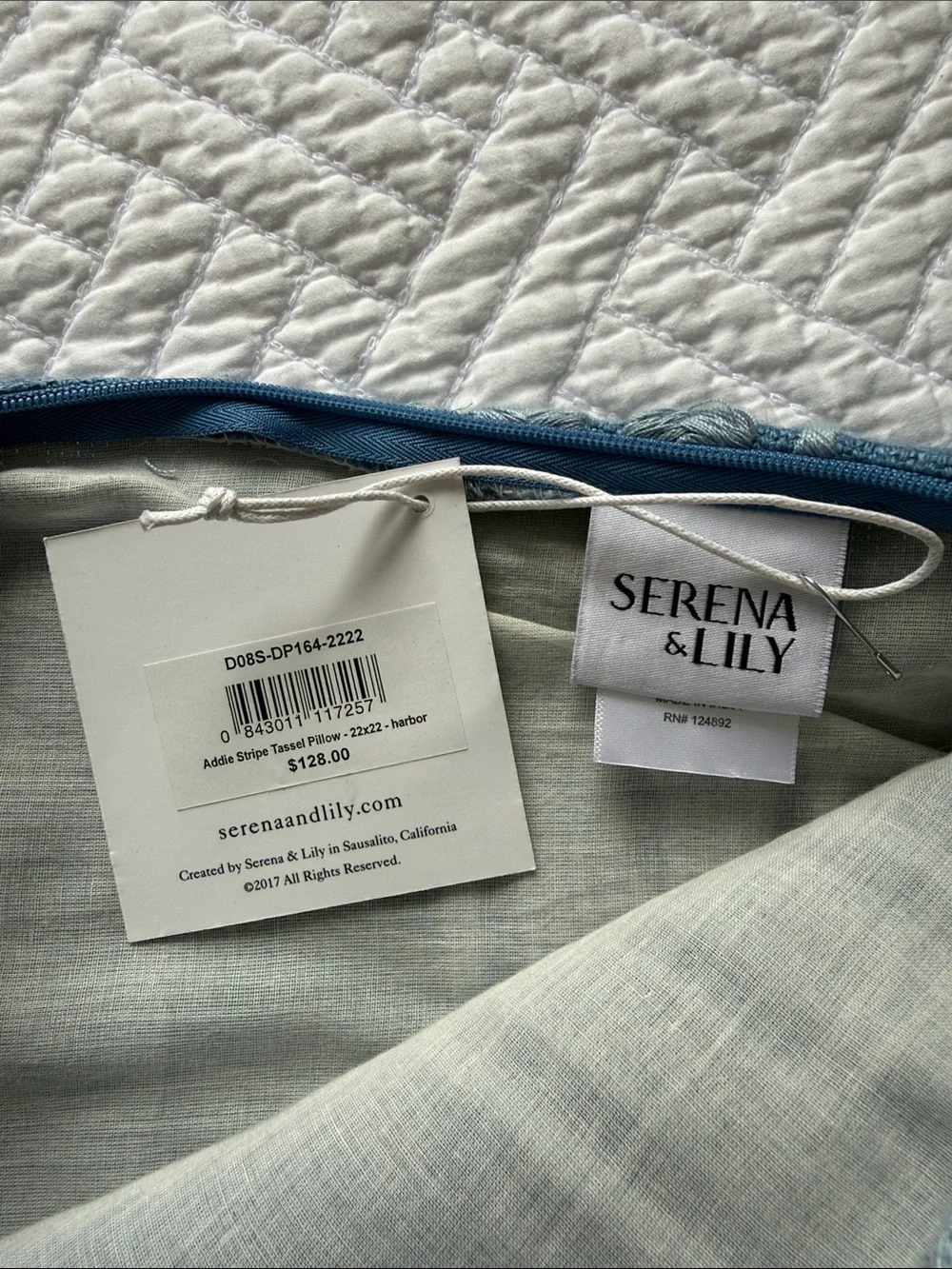 Serena & Lily Addie Harbor Blue Stripe Tassel Accent Pillow 22 x 22